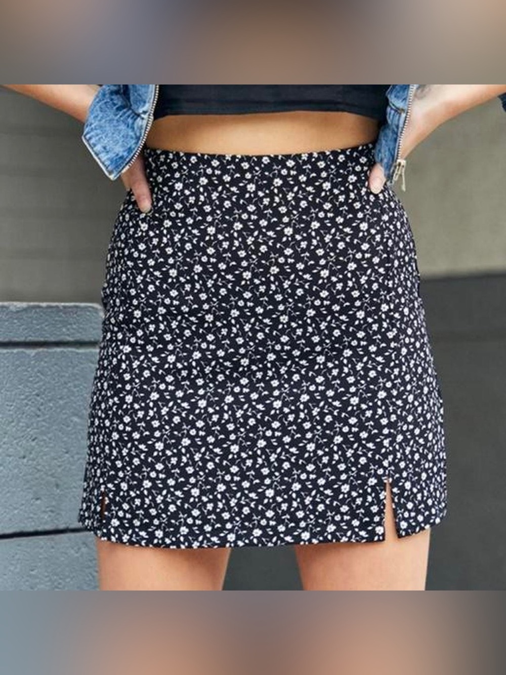 Brandy Melville/John Galt Black Mini Skirt with White Floral Print
